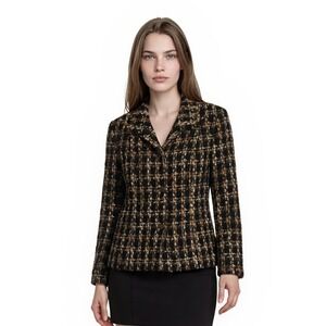 Talbots Blazer Women's Size 10 Black Tan Plaid Boucle Tweed Jacket Vintage